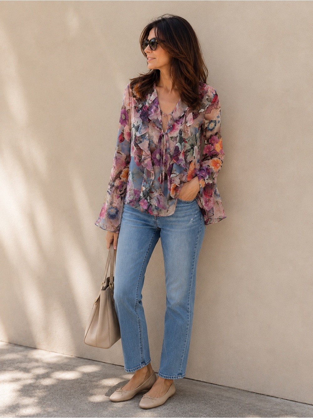 VENUS Sheer Boho Floral Ruffle Blouse - Blue, Purple, Orange